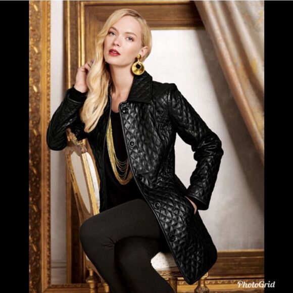 Neiman Marcus 100% Leather Quilted Button Front Collared Over Coat Medium - Picture 1 of 8